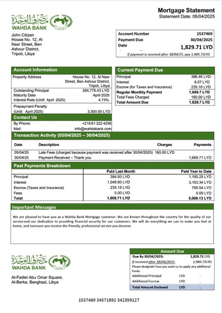 Download Libya Wahda Bank mortgage statement Word and PDF template Photoshop template